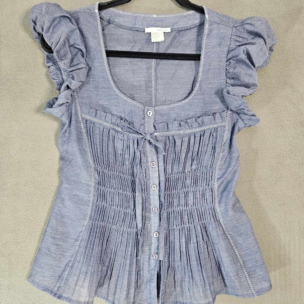 Vintage Milk Maid Cottagecore Button Up Shirt Silk Linen Blue Ruch Puff Sleeve S